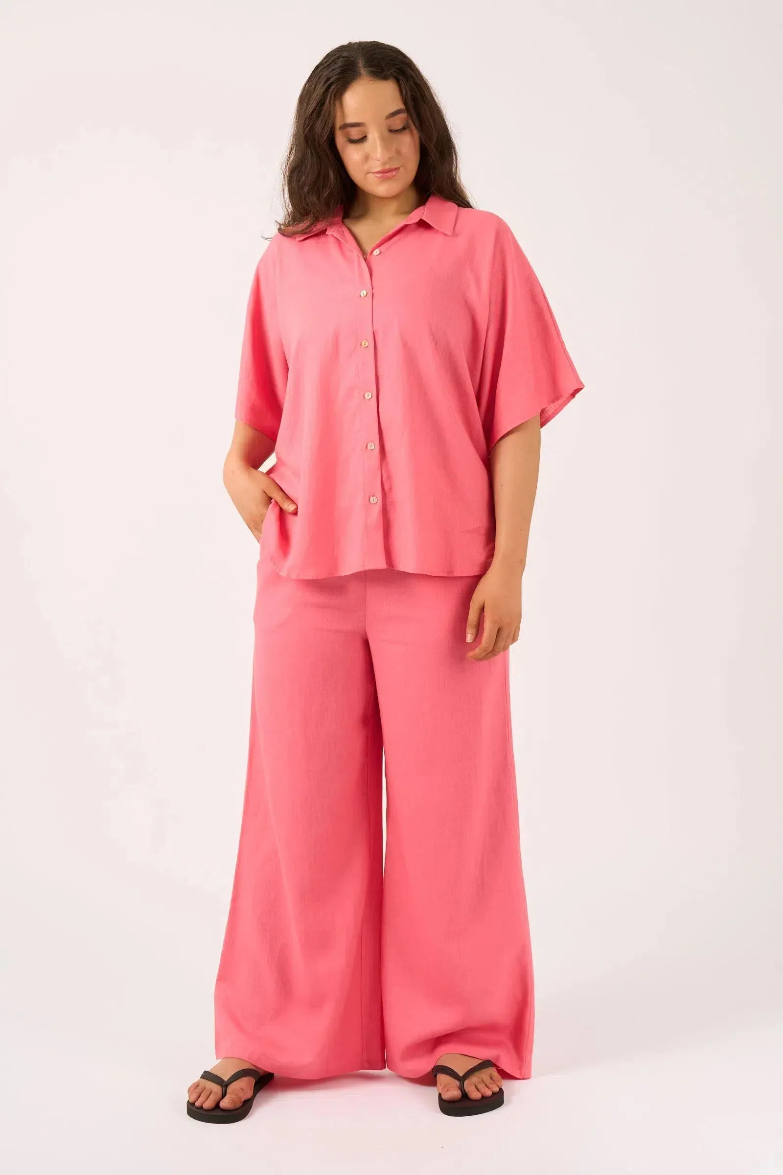 Linen Blend Wide Leg Pant With Pockets - Bubblegum Pink