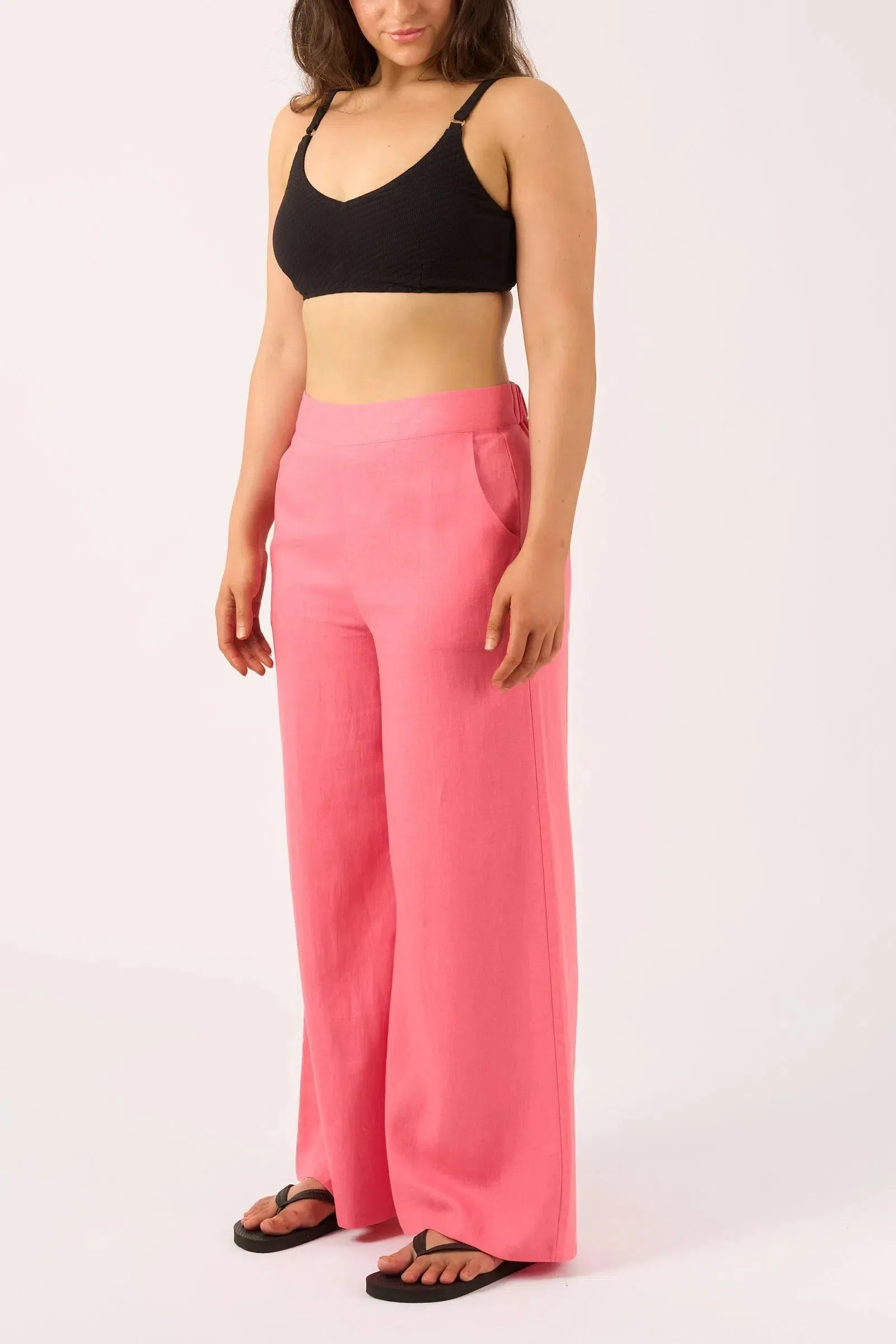 Linen Blend Wide Leg Pant With Pockets - Bubblegum Pink