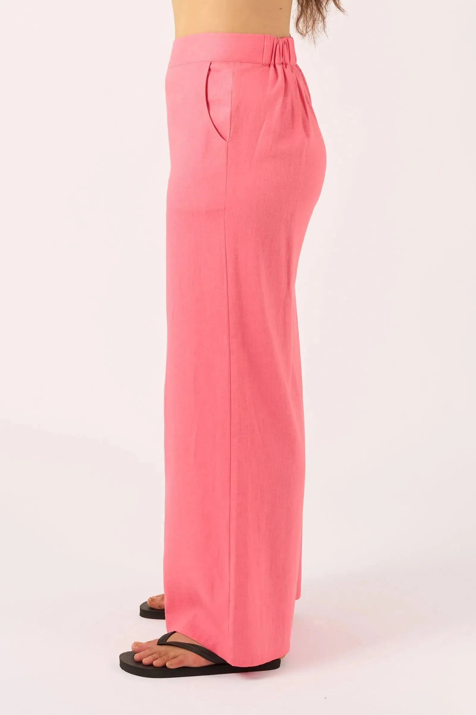 Linen Blend Wide Leg Pant With Pockets - Bubblegum Pink