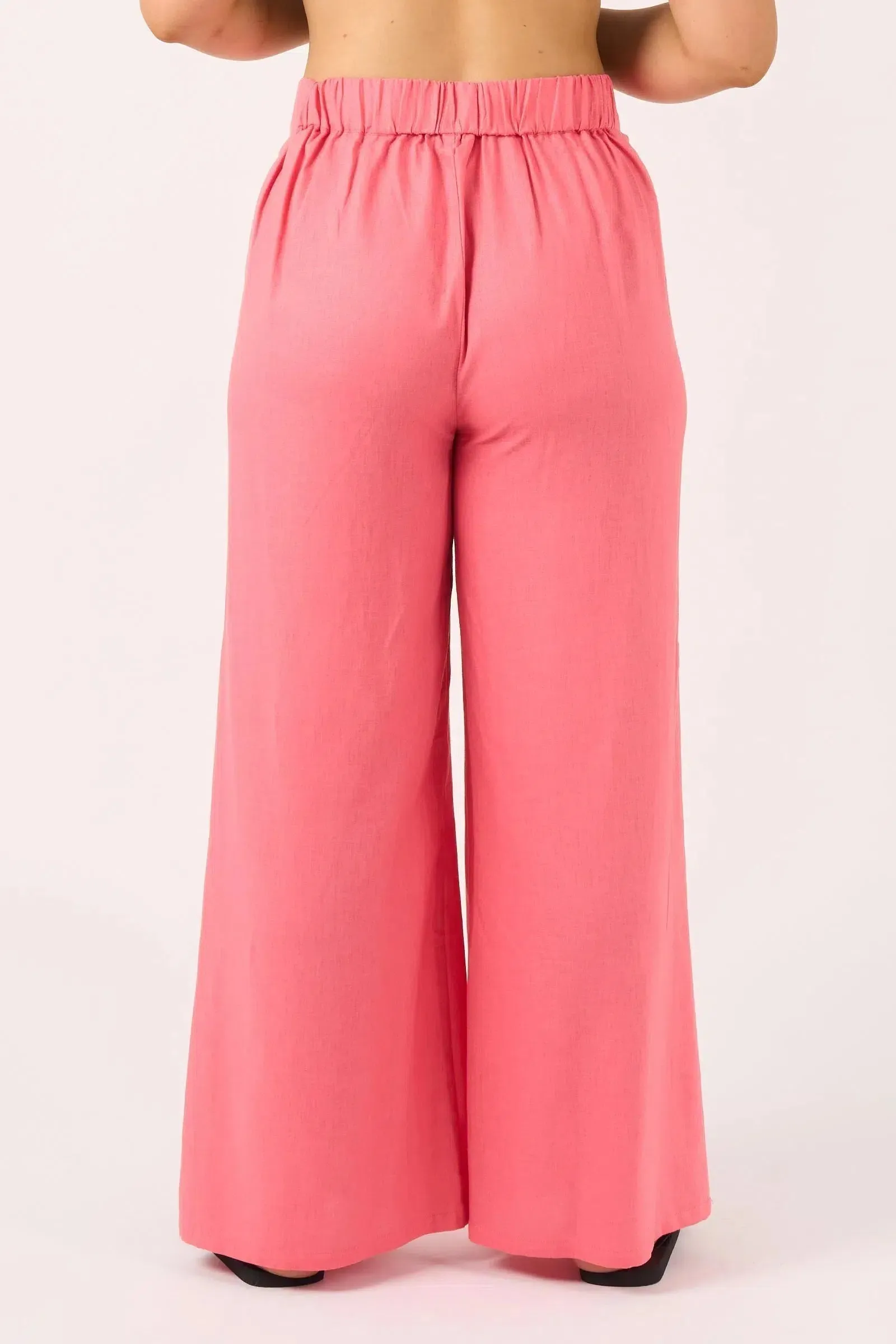 Linen Blend Wide Leg Pant With Pockets - Bubblegum Pink