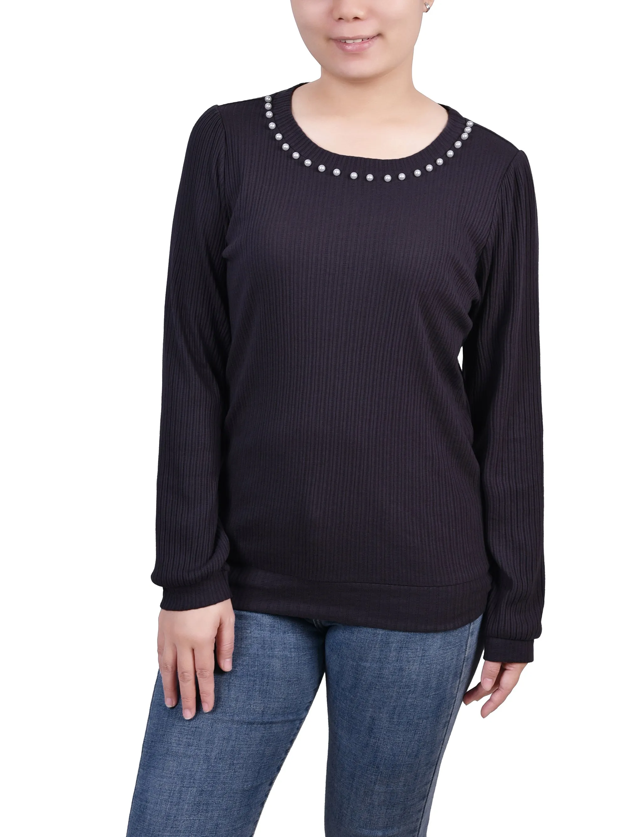 Long Sleeve Ribbed Pearl Trimmed Top