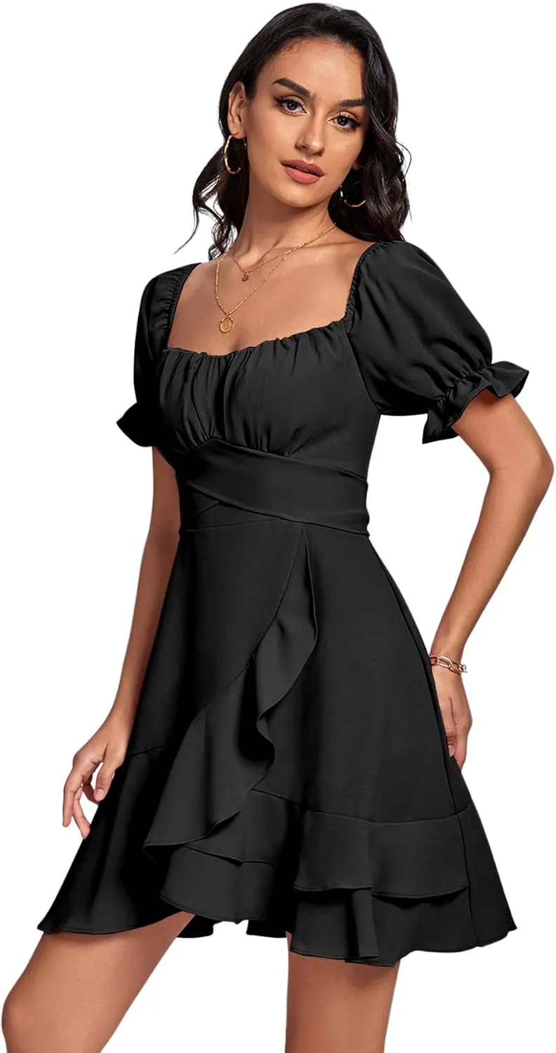LYANER Women's Square Neck Ruffle Wrap Mini Dress Off Shoulder Flounce Short Sleeve A Line Flowy Dress