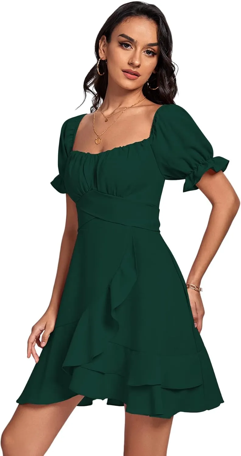 LYANER Women's Square Neck Ruffle Wrap Mini Dress Off Shoulder Flounce Short Sleeve A Line Flowy Dress