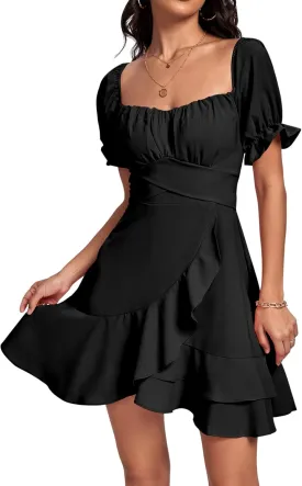 LYANER Women's Square Neck Ruffle Wrap Mini Dress Off Shoulder Flounce Short Sleeve A Line Flowy Dress