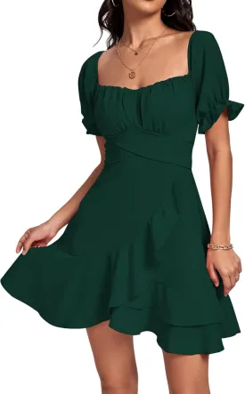 LYANER Women's Square Neck Ruffle Wrap Mini Dress Off Shoulder Flounce Short Sleeve A Line Flowy Dress