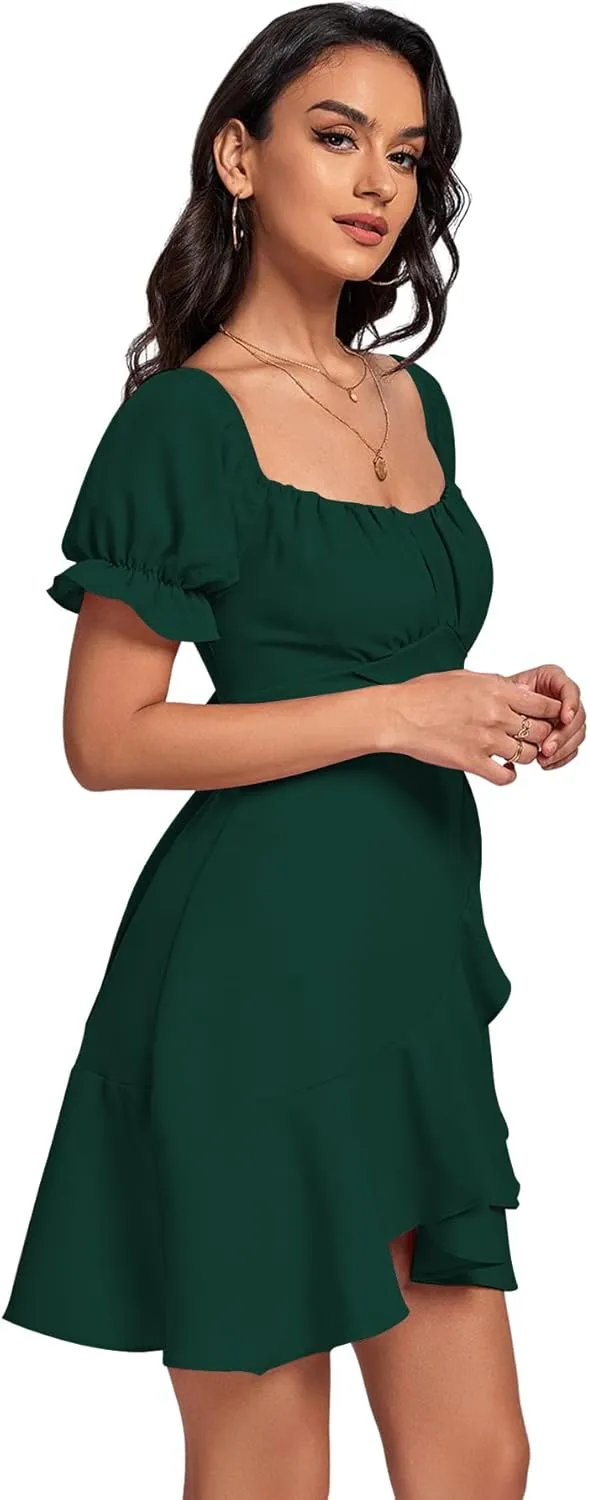 LYANER Women's Square Neck Ruffle Wrap Mini Dress Off Shoulder Flounce Short Sleeve A Line Flowy Dress