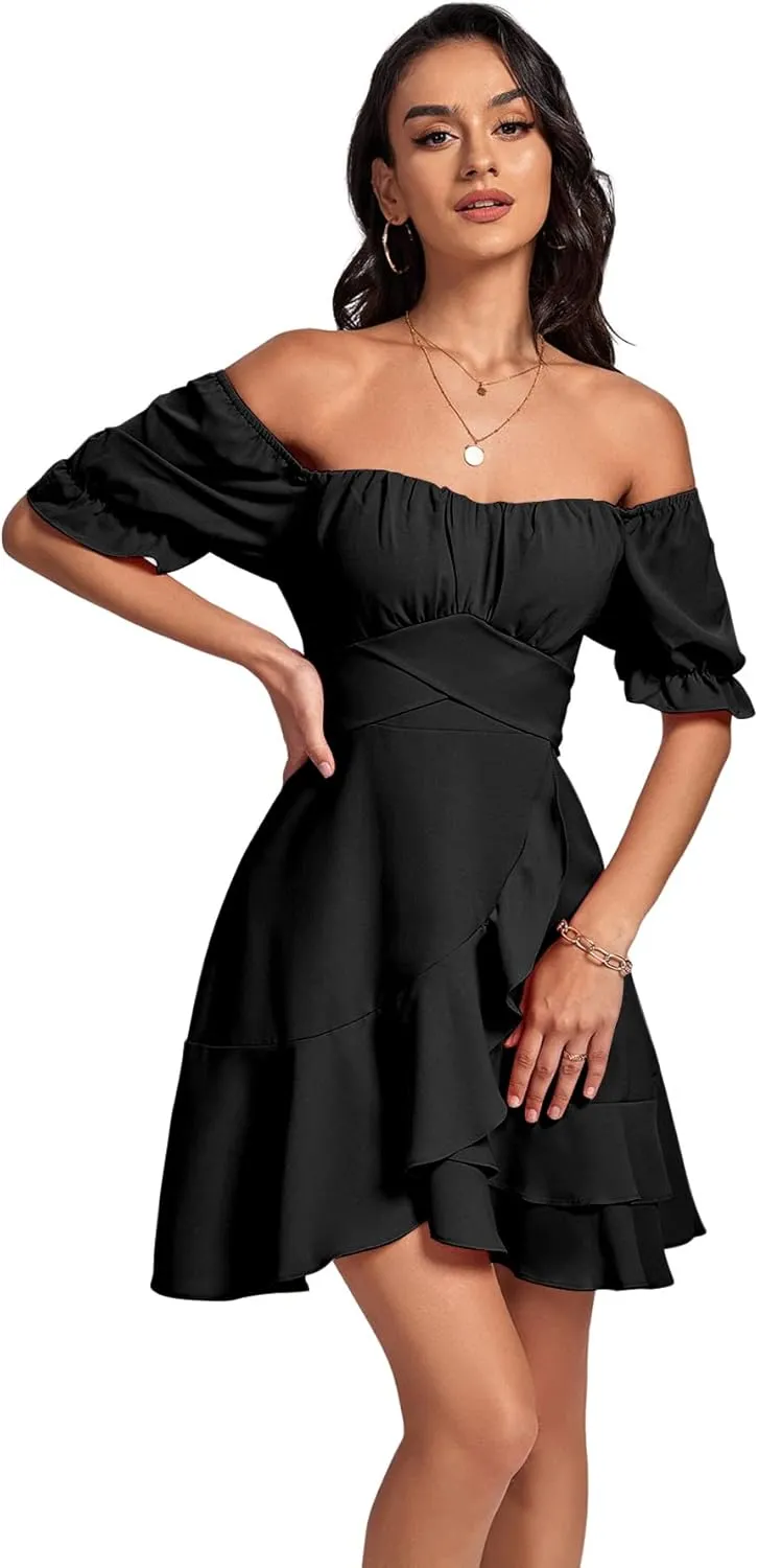 LYANER Women's Square Neck Ruffle Wrap Mini Dress Off Shoulder Flounce Short Sleeve A Line Flowy Dress