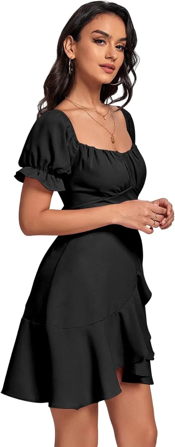 LYANER Women's Square Neck Ruffle Wrap Mini Dress Off Shoulder Flounce Short Sleeve A Line Flowy Dress