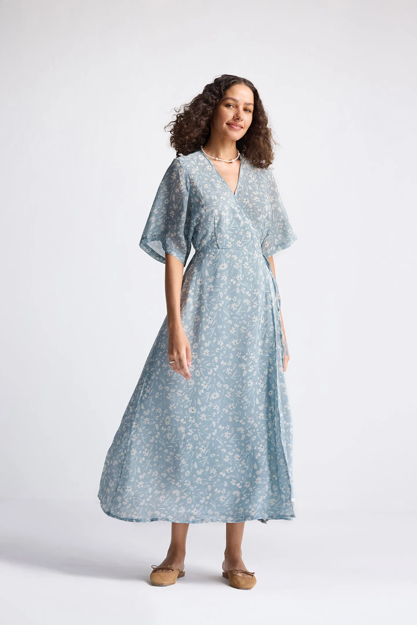 Maxi Wrap Dress in Light Blue Florals