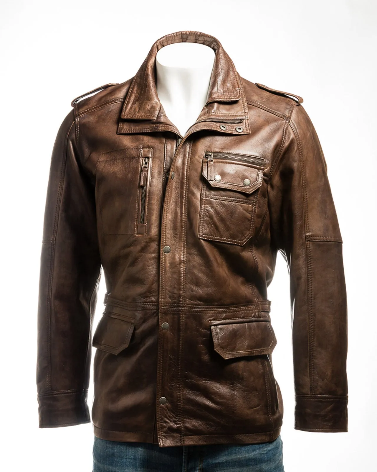 Men's Antique Brown Double-Collared Leather Coat: Pasquale