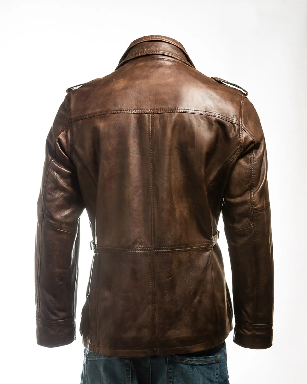 Men's Antique Brown Double-Collared Leather Coat: Pasquale