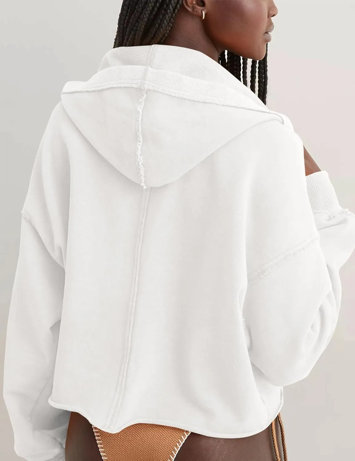 Mingzhu Womens Cropped Sweatshirt Loose V Neck Hoodies Casual Long Sleeve Workout Hooded Sweatshirt Tops