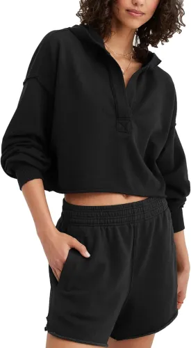 Mingzhu Womens Cropped Sweatshirt Loose V Neck Hoodies Casual Long Sleeve Workout Hooded Sweatshirt Tops