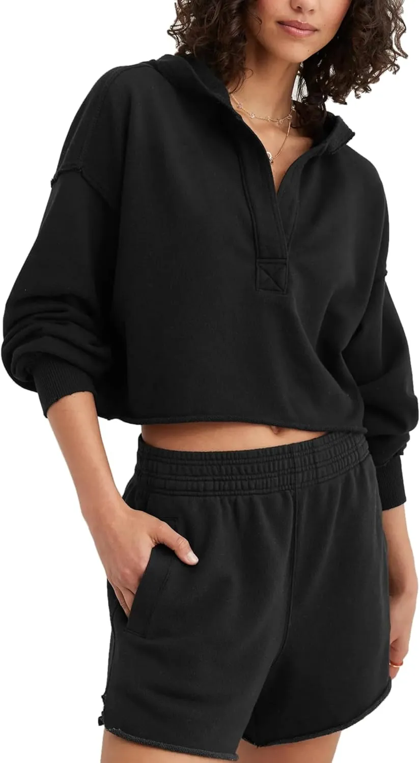 Mingzhu Womens Cropped Sweatshirt Loose V Neck Hoodies Casual Long Sleeve Workout Hooded Sweatshirt Tops