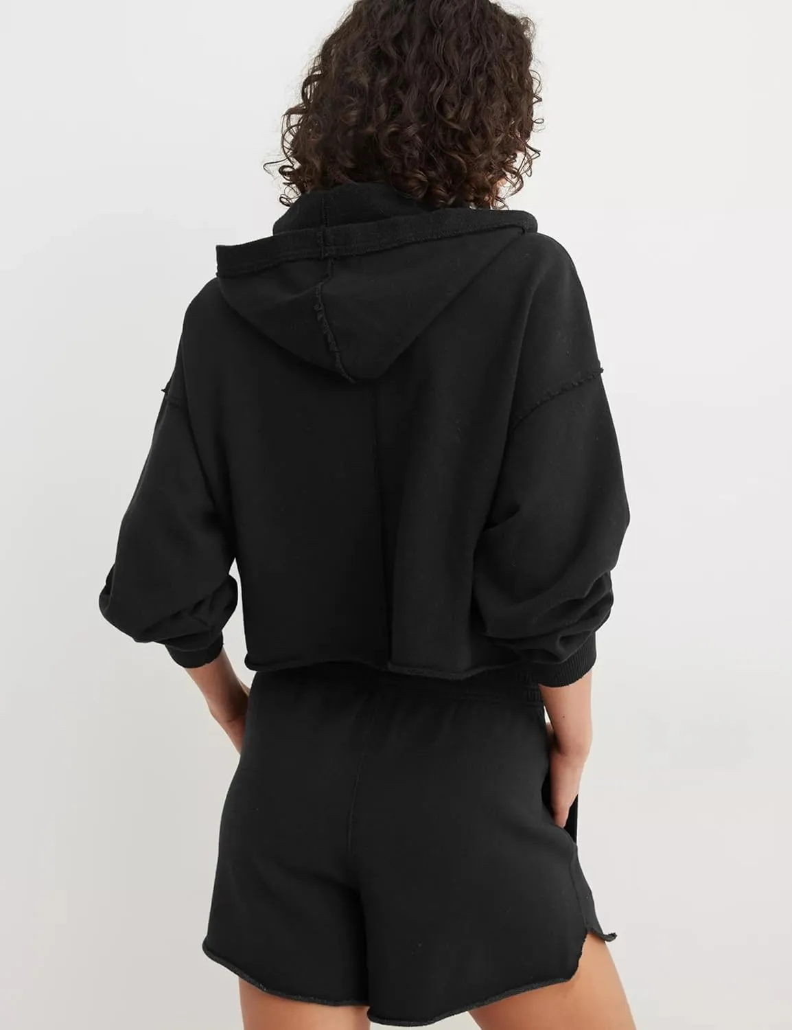 Mingzhu Womens Cropped Sweatshirt Loose V Neck Hoodies Casual Long Sleeve Workout Hooded Sweatshirt Tops