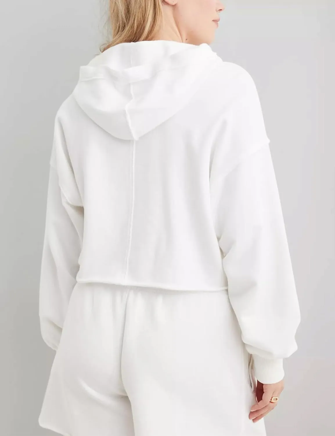 Mingzhu Womens Cropped Sweatshirt Loose V Neck Hoodies Casual Long Sleeve Workout Hooded Sweatshirt Tops