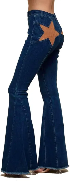 Mxiqqpltky Star Patchwork Bell Bottom Jeans for Women Mid Waist Bootcut Flare Jeans Stretch Straight Leg Skinny Denim Pants