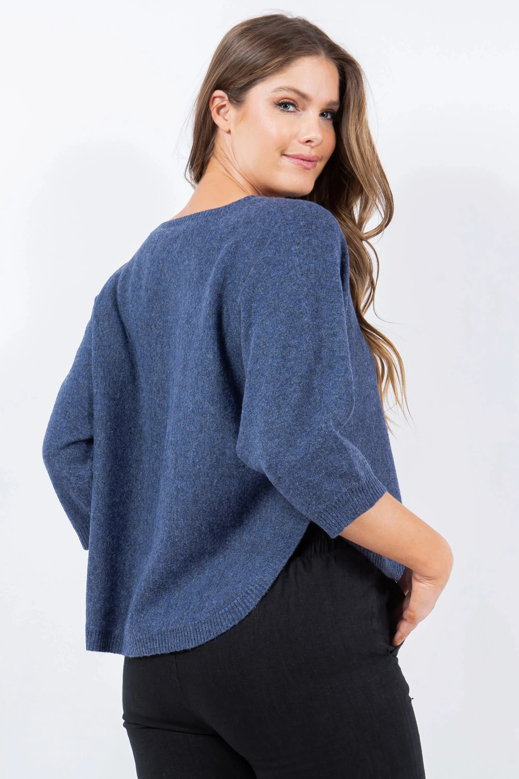 Navy Heather Short Sleeve Bat-Wing Rounded Ribbed Hem with Buttons Sweater