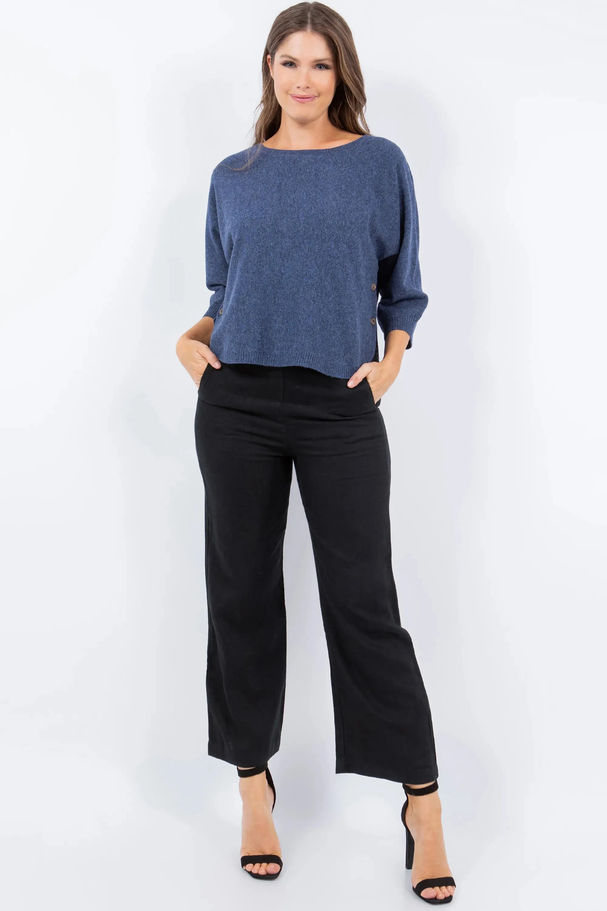 Navy Heather Short Sleeve Bat-Wing Rounded Ribbed Hem with Buttons Sweater