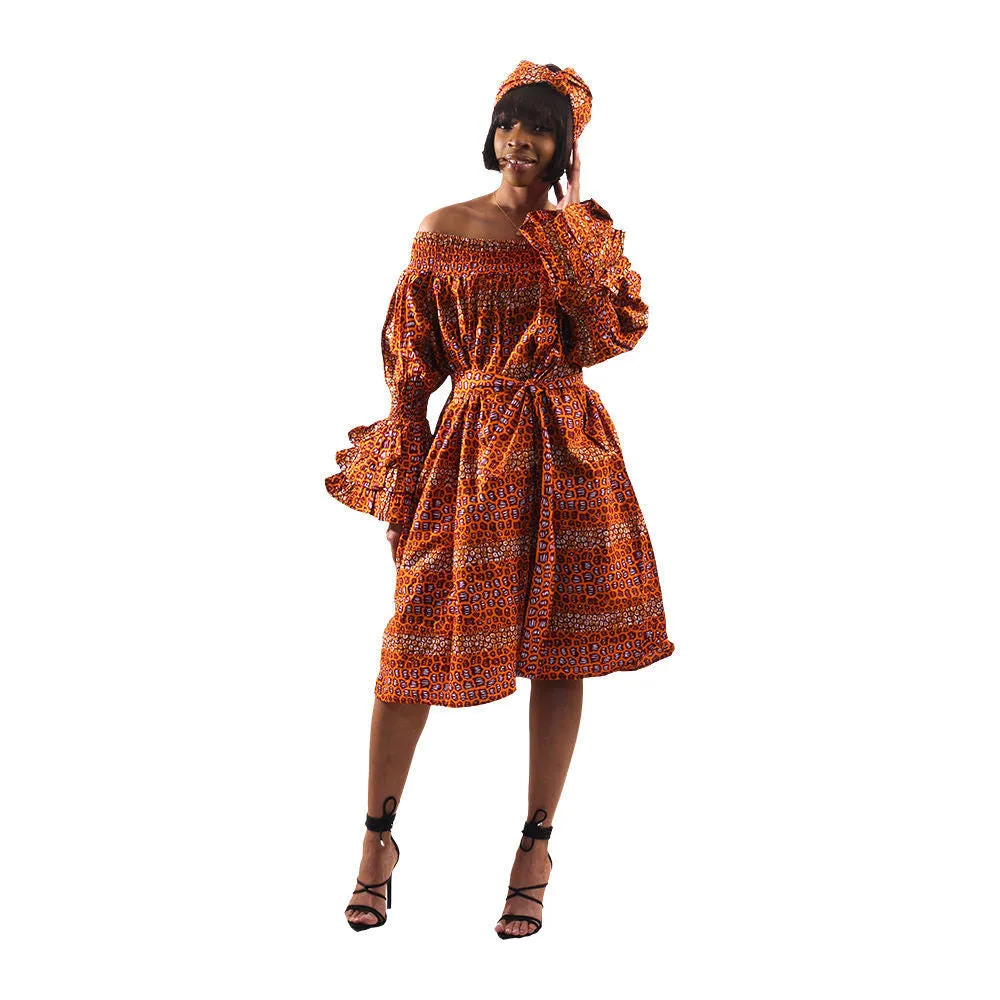 Off Shoulder Belted Ankara Shift Dress