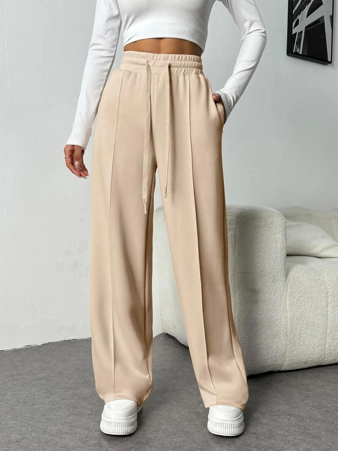 PINSPARK Wide Leg Sweatpants Women High Waisted Baggy Sweat Pants Elastic Elevated Seams Loose Active Pants with Pockets