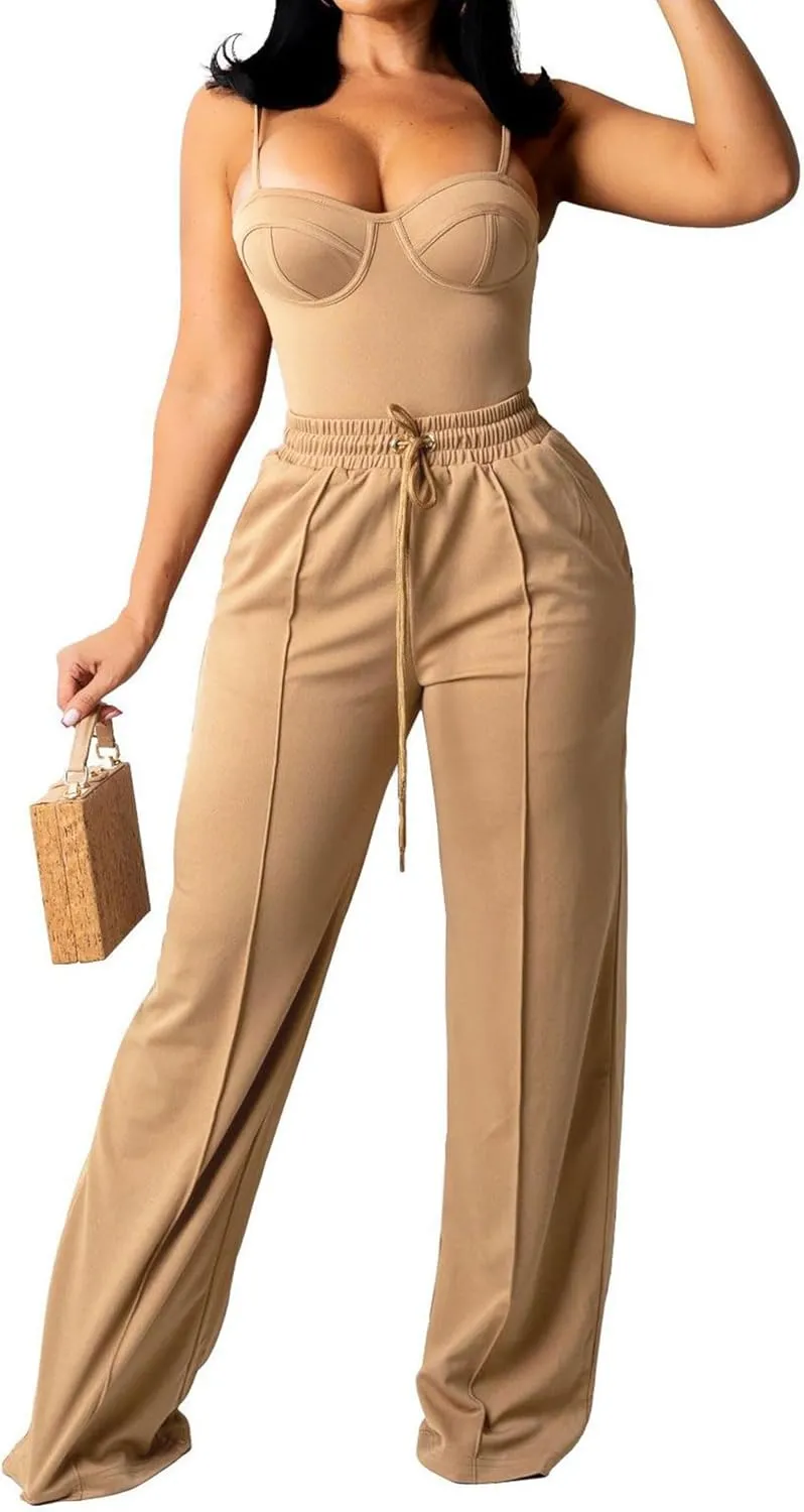 PINSV Women's Casual Wide Leg Pants High Waisted Drawstring Baggy Sweatpants Elastic Straight Leg Lounge Pants