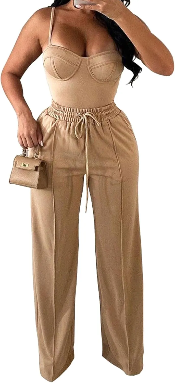 PINSV Women's Casual Wide Leg Pants High Waisted Drawstring Baggy Sweatpants Elastic Straight Leg Lounge Pants
