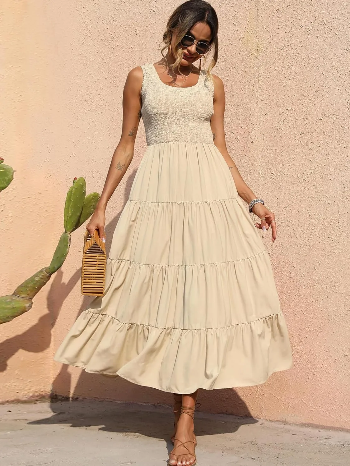 PRETTYGARDEN Women's 2025 Casual Loose Plain Maxi Sundress Smocked Tank Dress Sleeveless Summer Beach Tiered Long Dresses