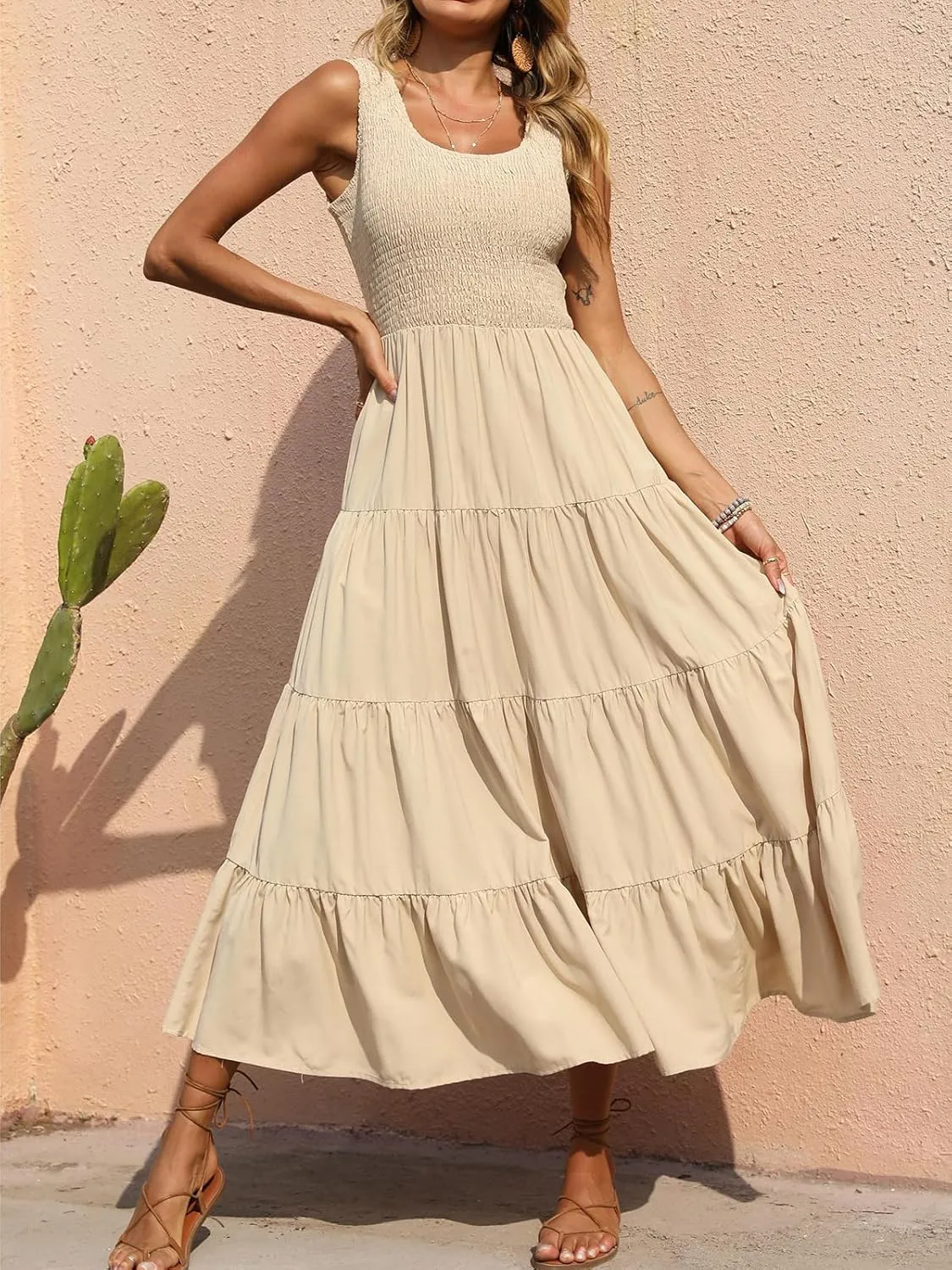 PRETTYGARDEN Women's 2025 Casual Loose Plain Maxi Sundress Smocked Tank Dress Sleeveless Summer Beach Tiered Long Dresses