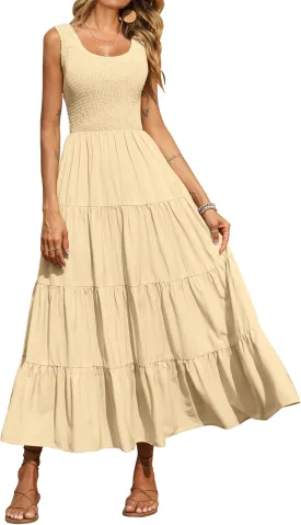 PRETTYGARDEN Women's 2025 Casual Loose Plain Maxi Sundress Smocked Tank Dress Sleeveless Summer Beach Tiered Long Dresses