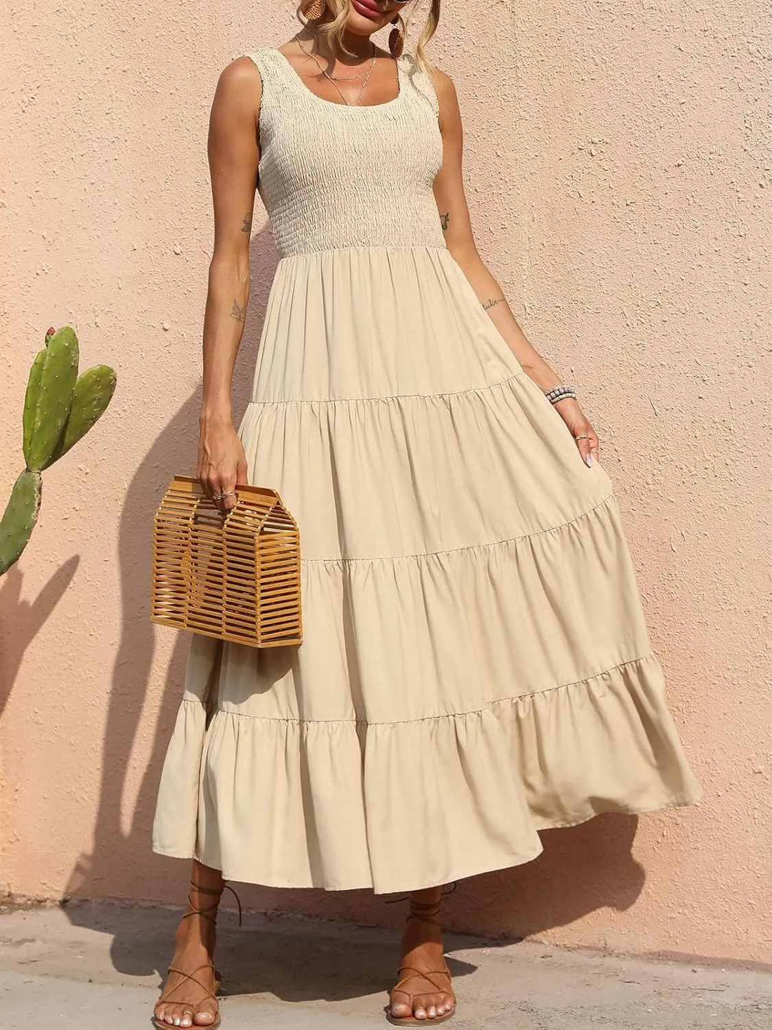 PRETTYGARDEN Women's 2025 Casual Loose Plain Maxi Sundress Smocked Tank Dress Sleeveless Summer Beach Tiered Long Dresses