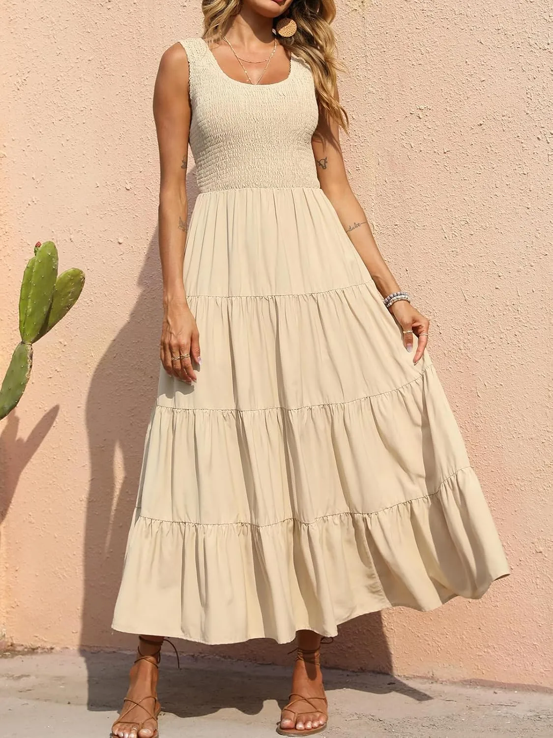 PRETTYGARDEN Women's 2025 Casual Loose Plain Maxi Sundress Smocked Tank Dress Sleeveless Summer Beach Tiered Long Dresses