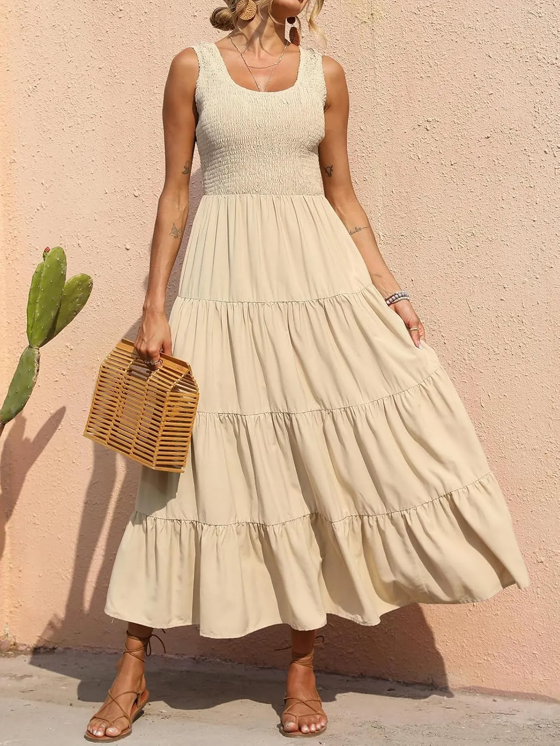 PRETTYGARDEN Women's 2025 Casual Loose Plain Maxi Sundress Smocked Tank Dress Sleeveless Summer Beach Tiered Long Dresses