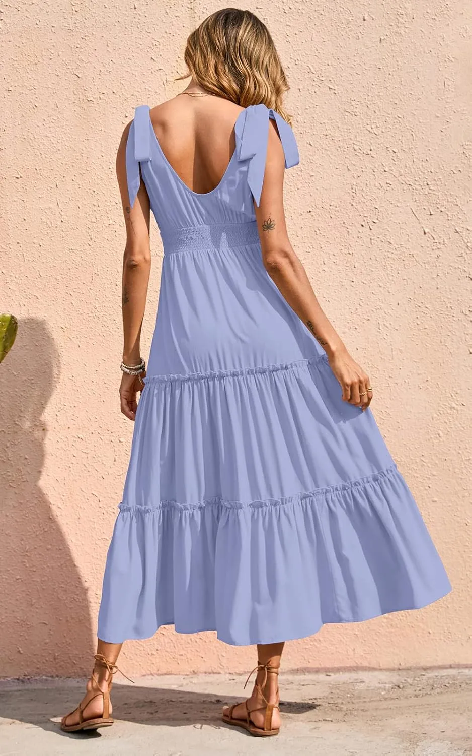 PRETTYGARDEN Women's Cross Neck Summer Sleeveless Tiered Maxi Dress Beach Tie Strap Smocked Long Dresses Pleated Sundress