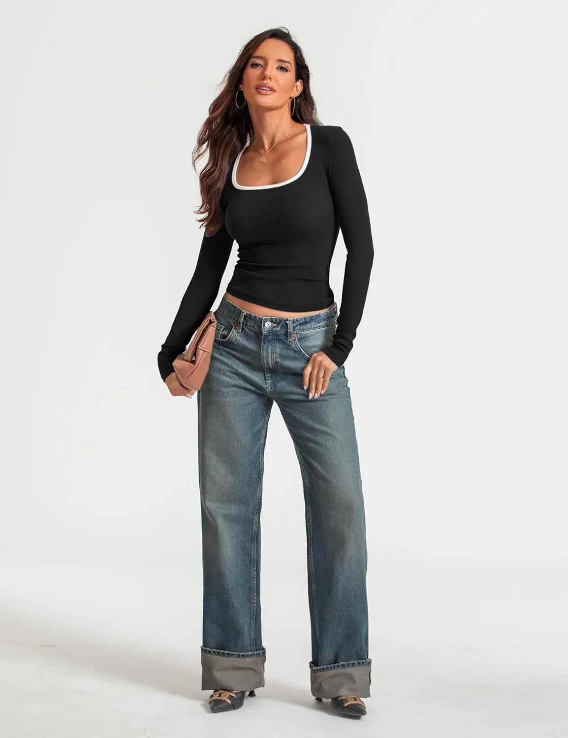 Prettywear Womens Long Sleeve Square Neck Tops Basic Casual Tight Fitted Color Block Shirts Trendy Spring Fall Blouses