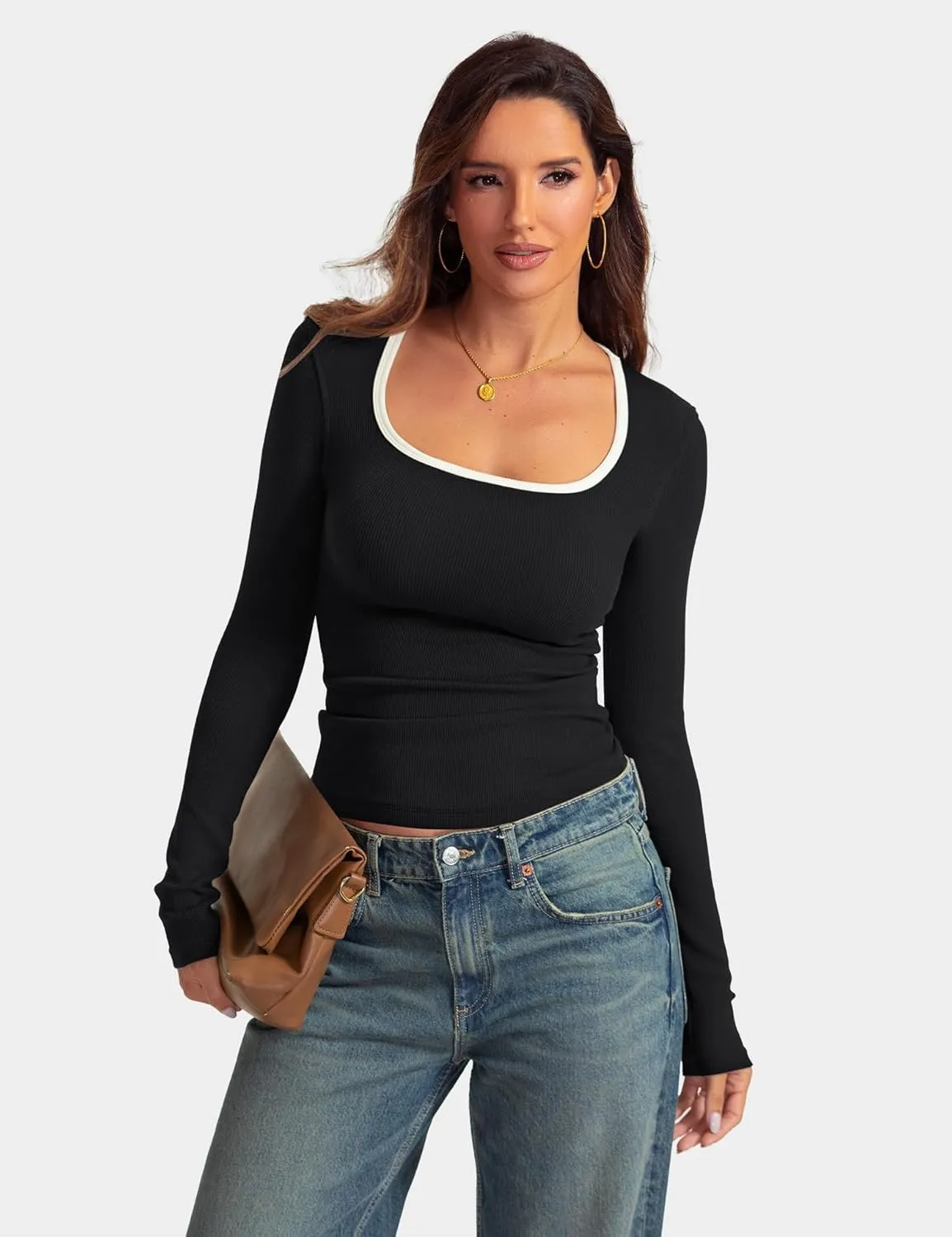 Prettywear Womens Long Sleeve Square Neck Tops Basic Casual Tight Fitted Color Block Shirts Trendy Spring Fall Blouses