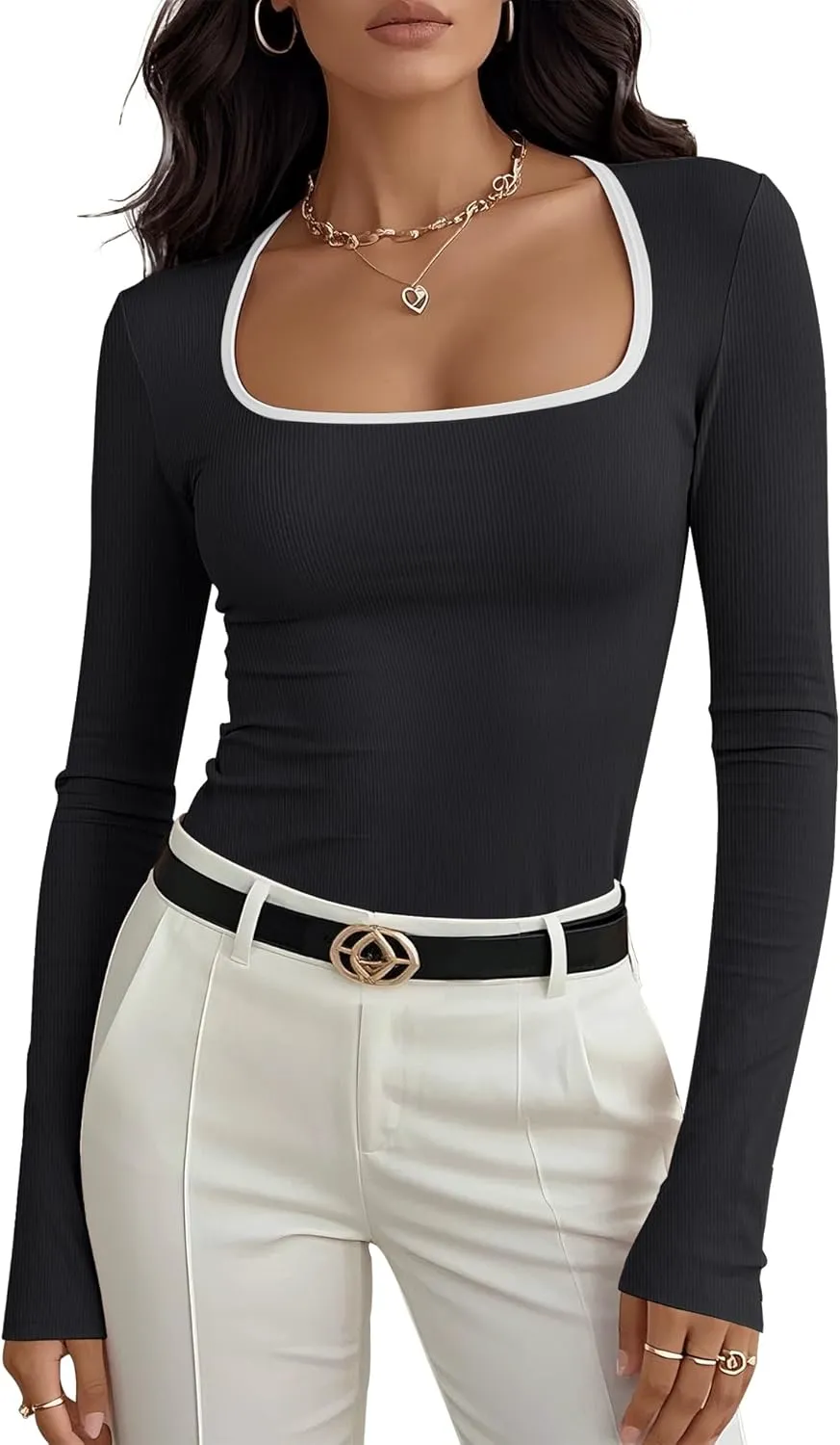 Prettywear Womens Long Sleeve Square Neck Tops Basic Casual Tight Fitted Color Block Shirts Trendy Spring Fall Blouses