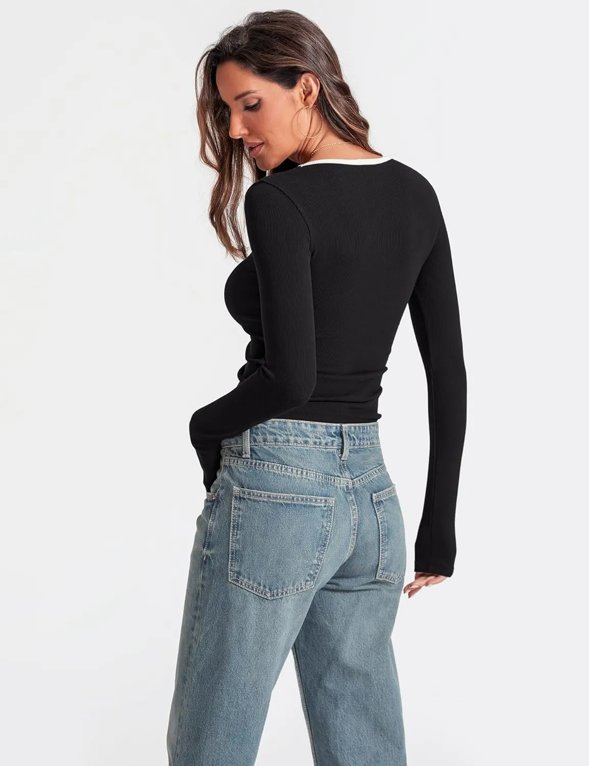 Prettywear Womens Long Sleeve Square Neck Tops Basic Casual Tight Fitted Color Block Shirts Trendy Spring Fall Blouses