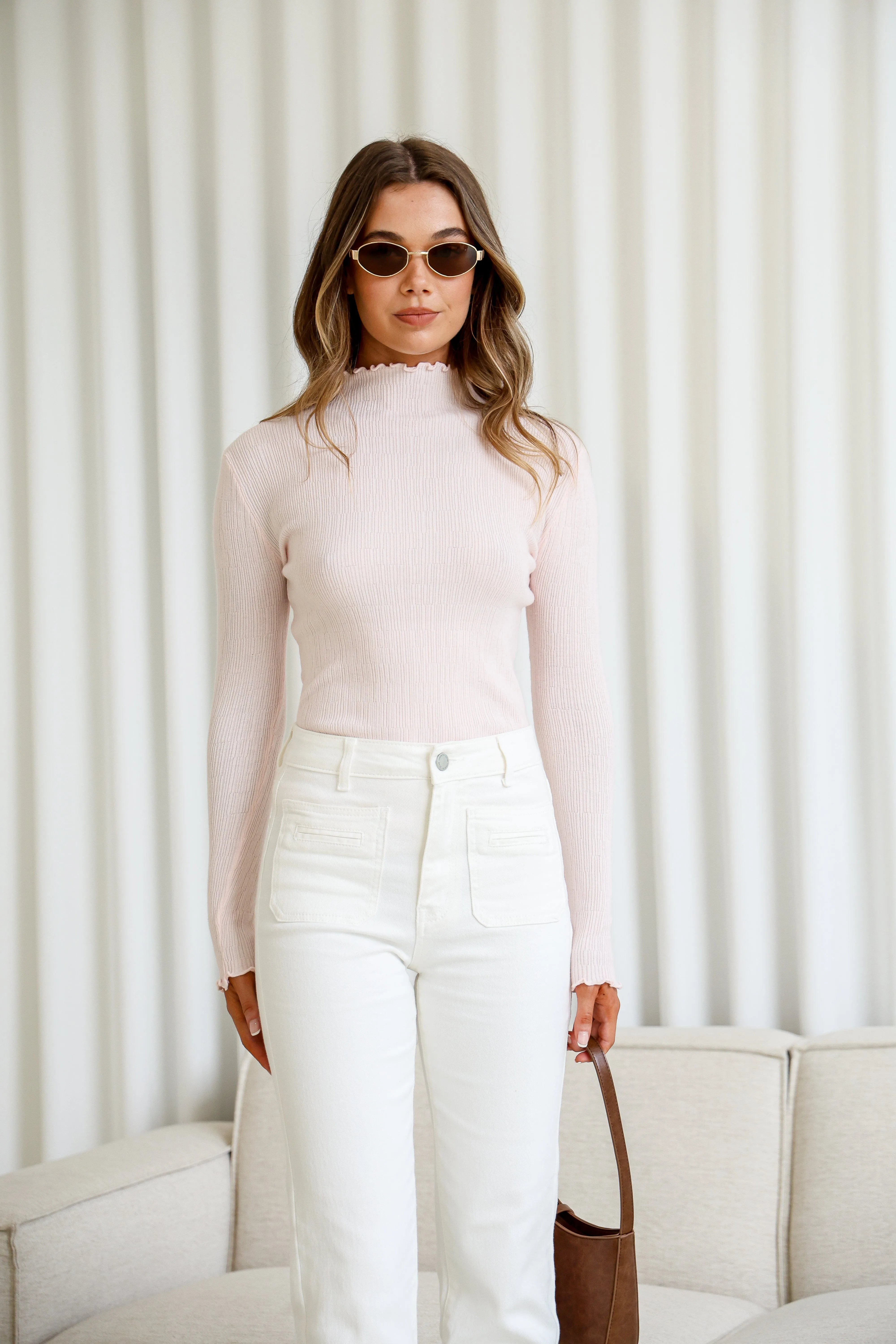 Raw Hem Rib Turtle Top - Blush