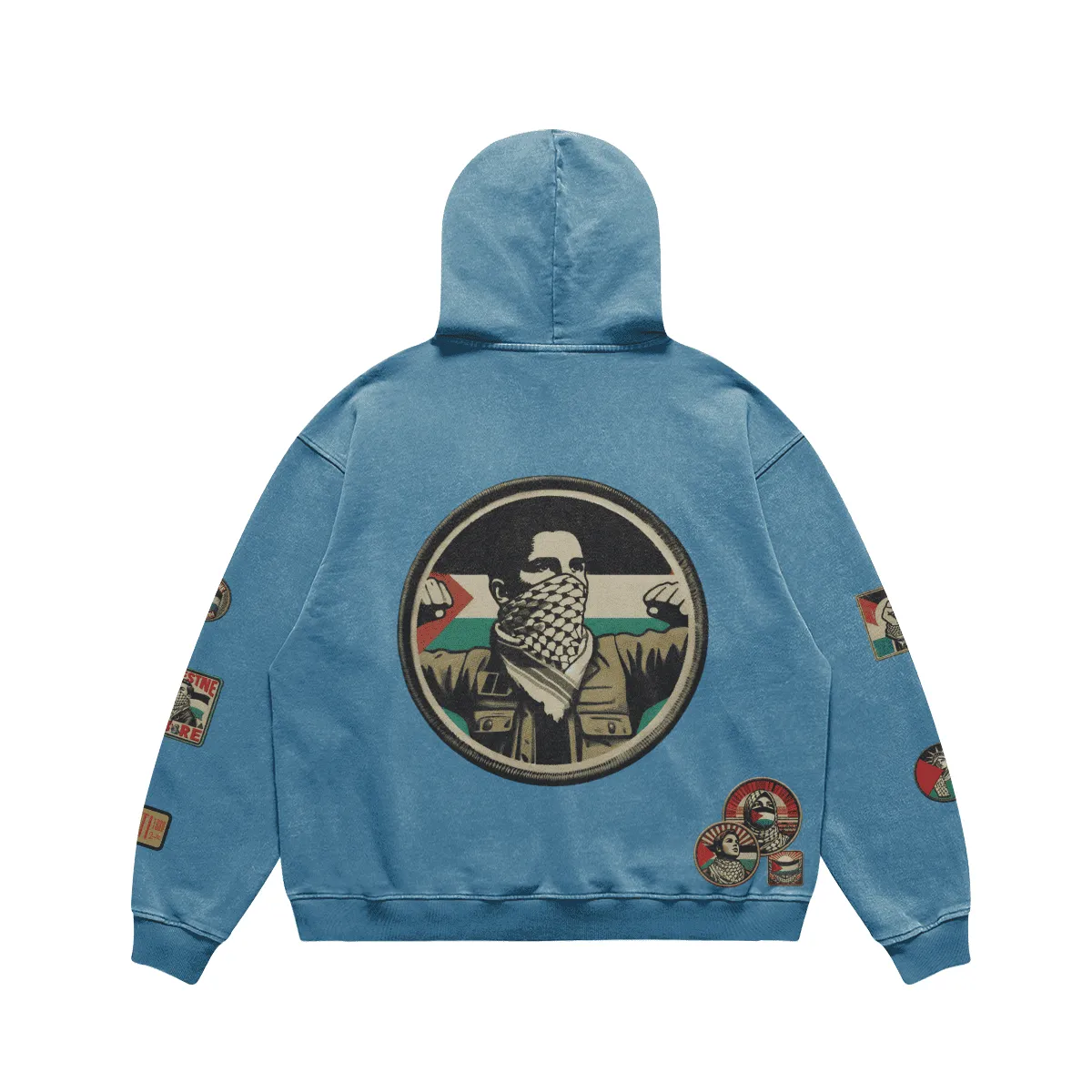 RELAXED FIT VINTAGE PALESTINIAN PRINTED PATCHES FADED HOODIE