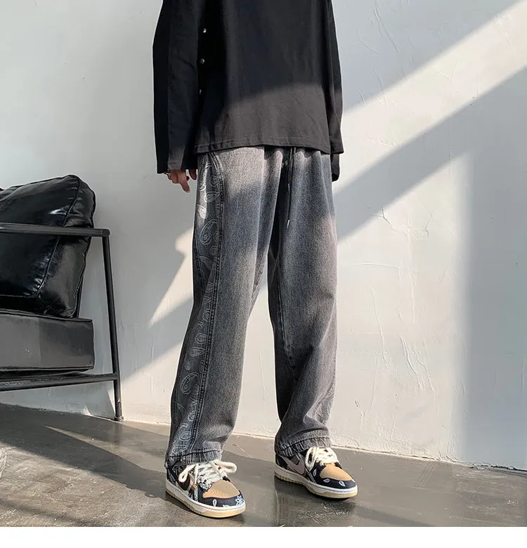 Retro Jeans Ins Men and Women Stitching Cashew Jacquard Loose Wide-leg Straight Pants Drawstring Trousers Tide