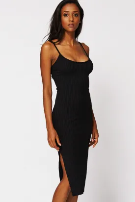 Ribbed Bodycon Midi Dress with Side Slit Ex-Branded
