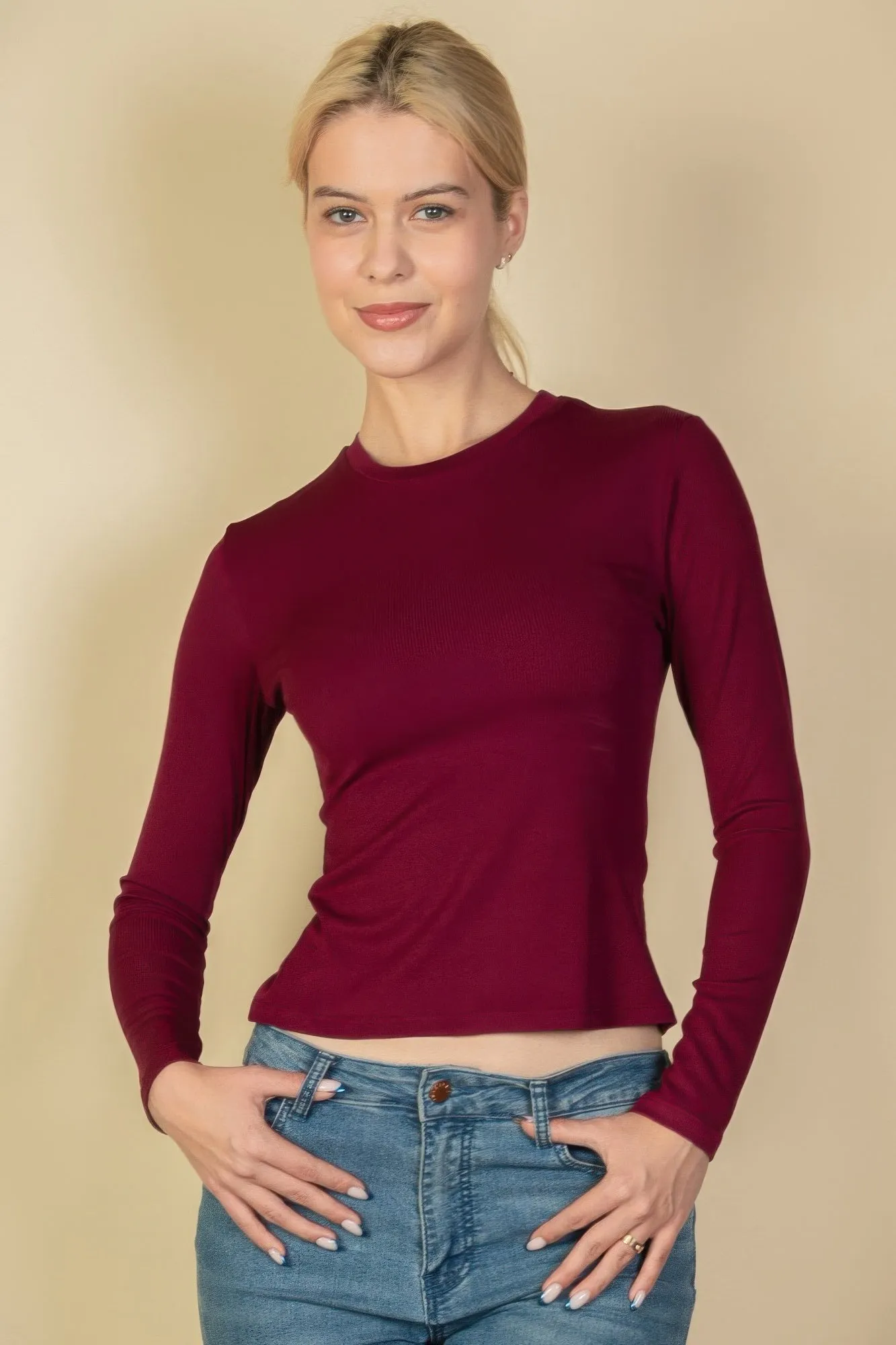 Ribbed Round Neck Long Sleeve Top