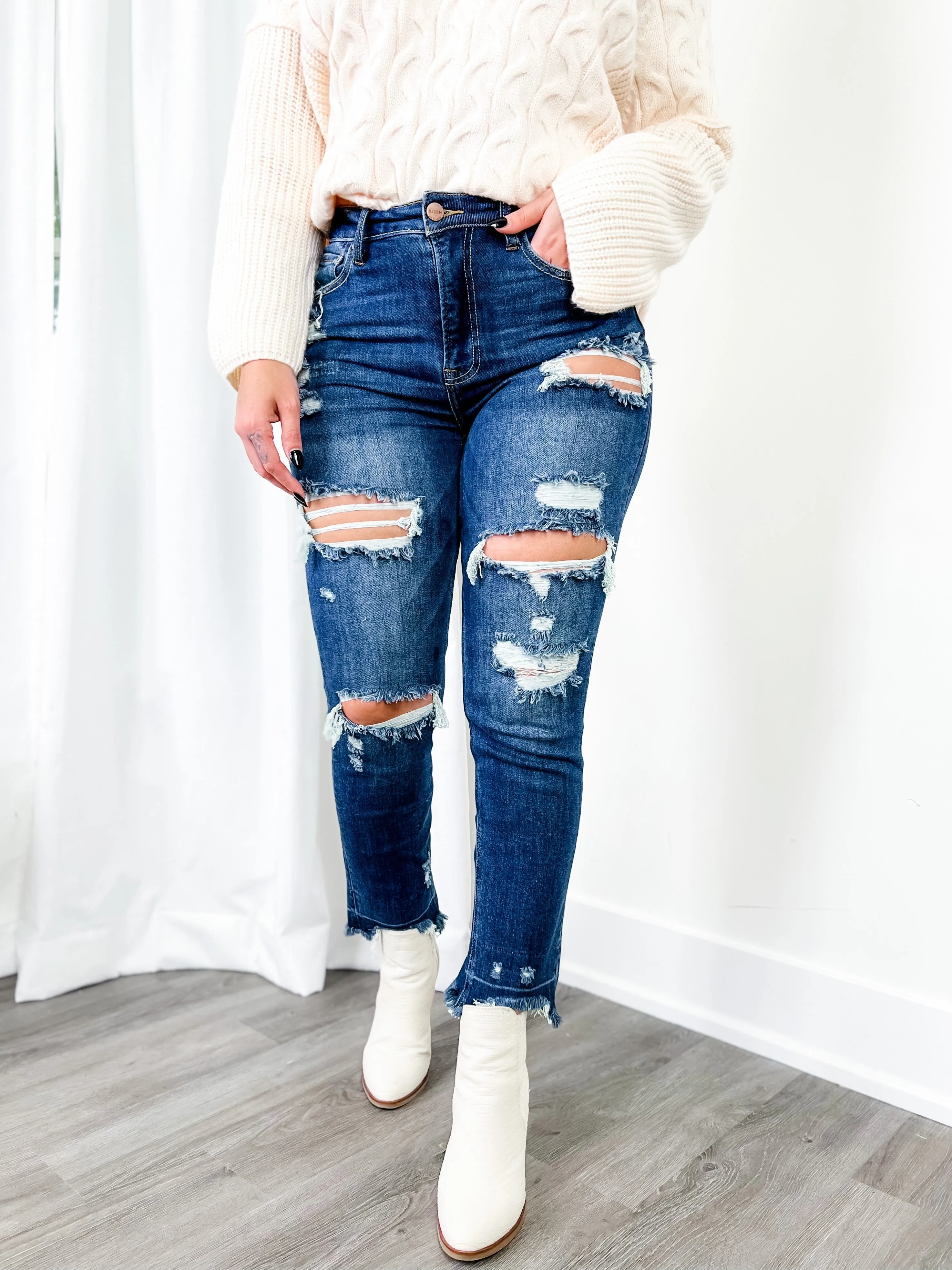 Risen Sexy Back Dark Wash Distressed Shadow Hem Straight Leg Jeans