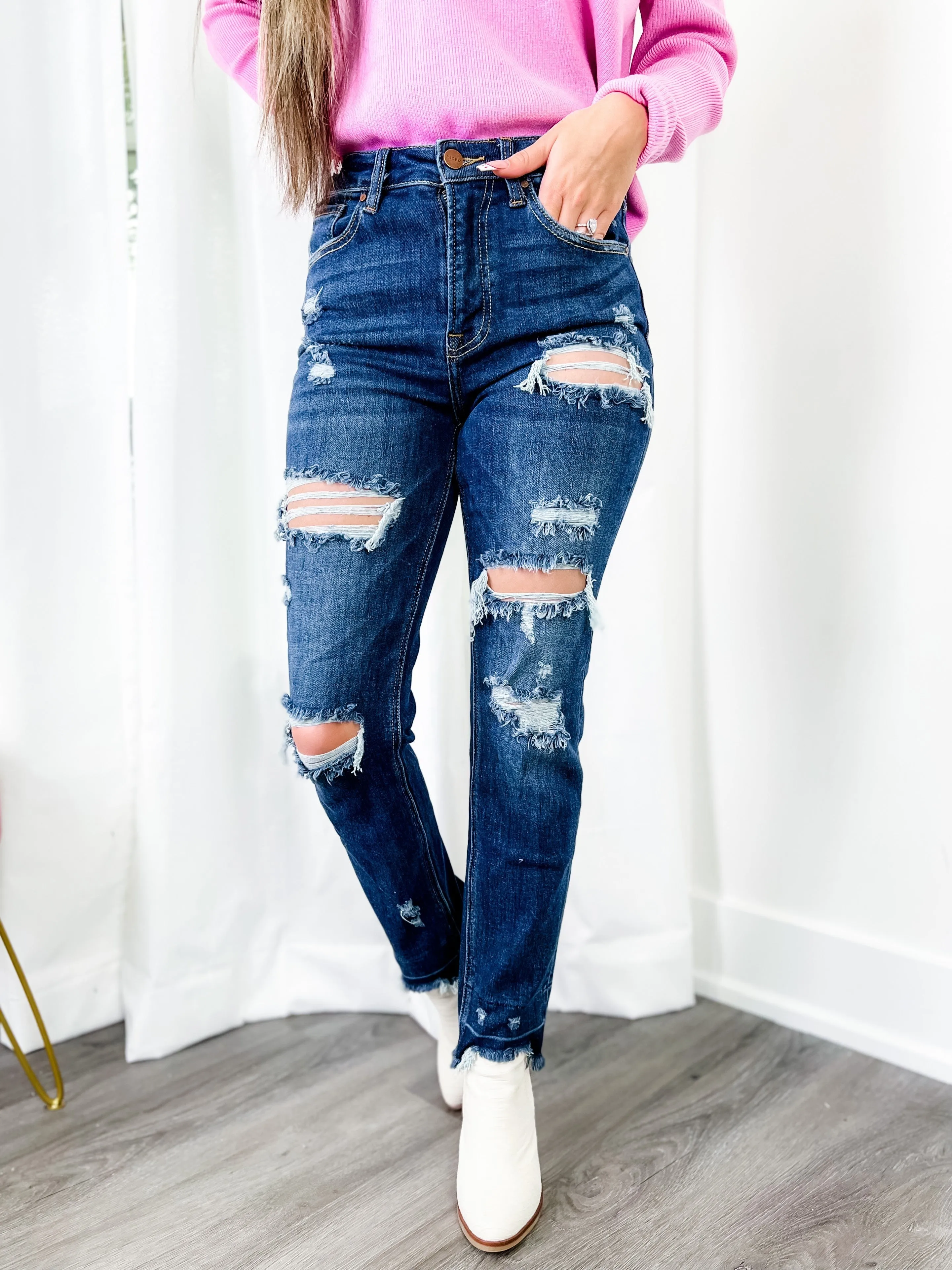 Risen Sexy Back Dark Wash Distressed Shadow Hem Straight Leg Jeans