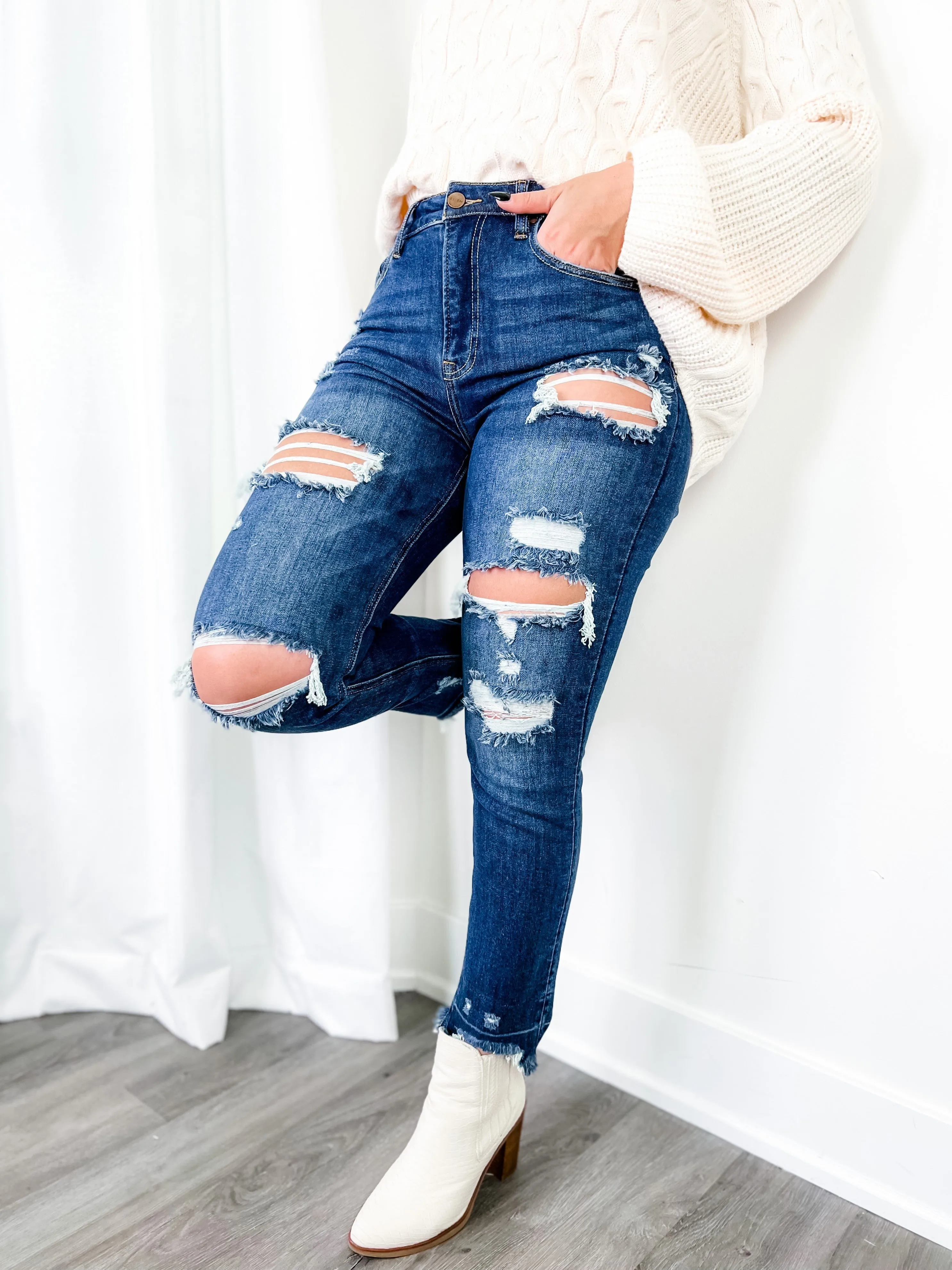 Risen Sexy Back Dark Wash Distressed Shadow Hem Straight Leg Jeans