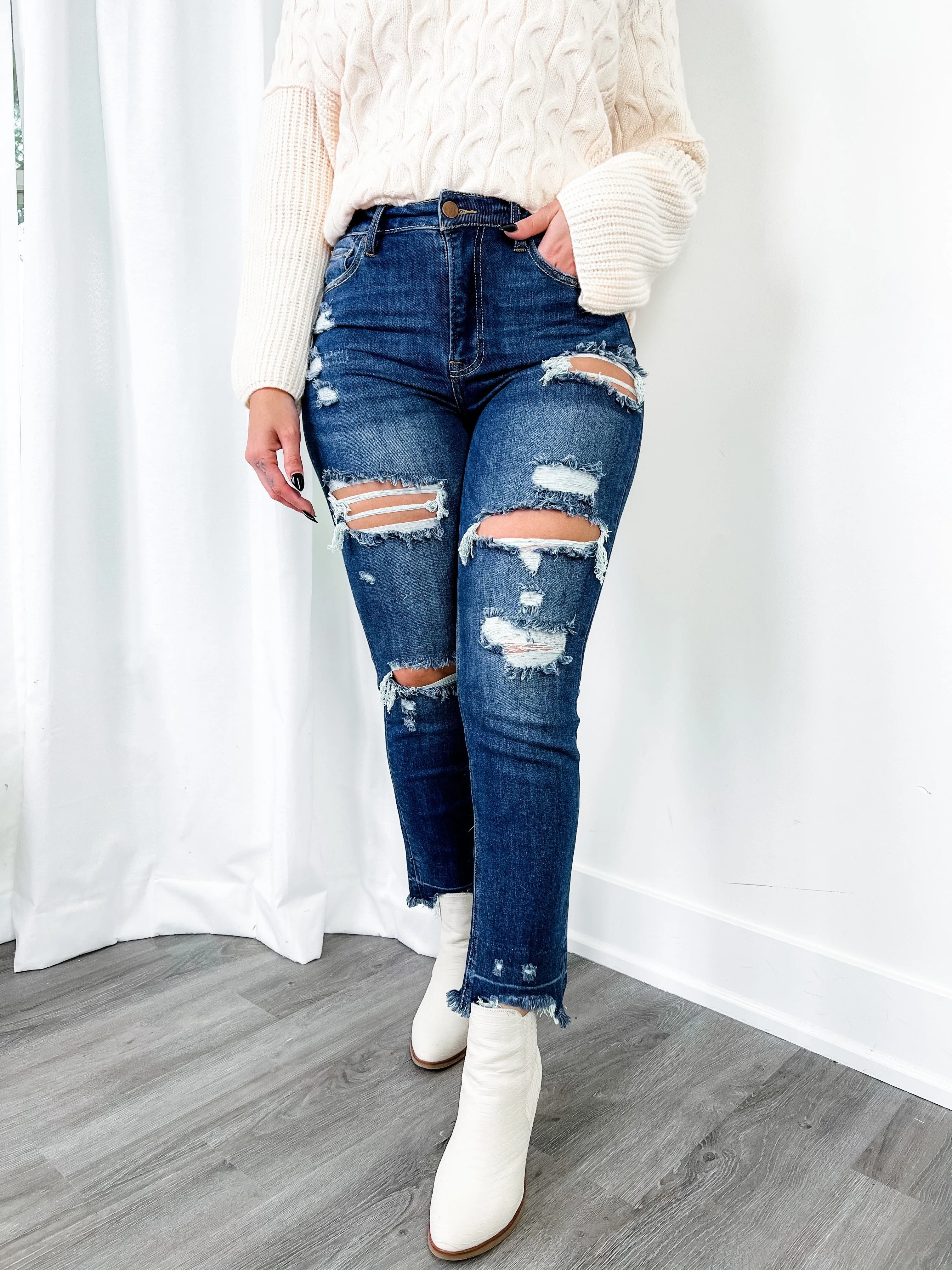 Risen Sexy Back Dark Wash Distressed Shadow Hem Straight Leg Jeans