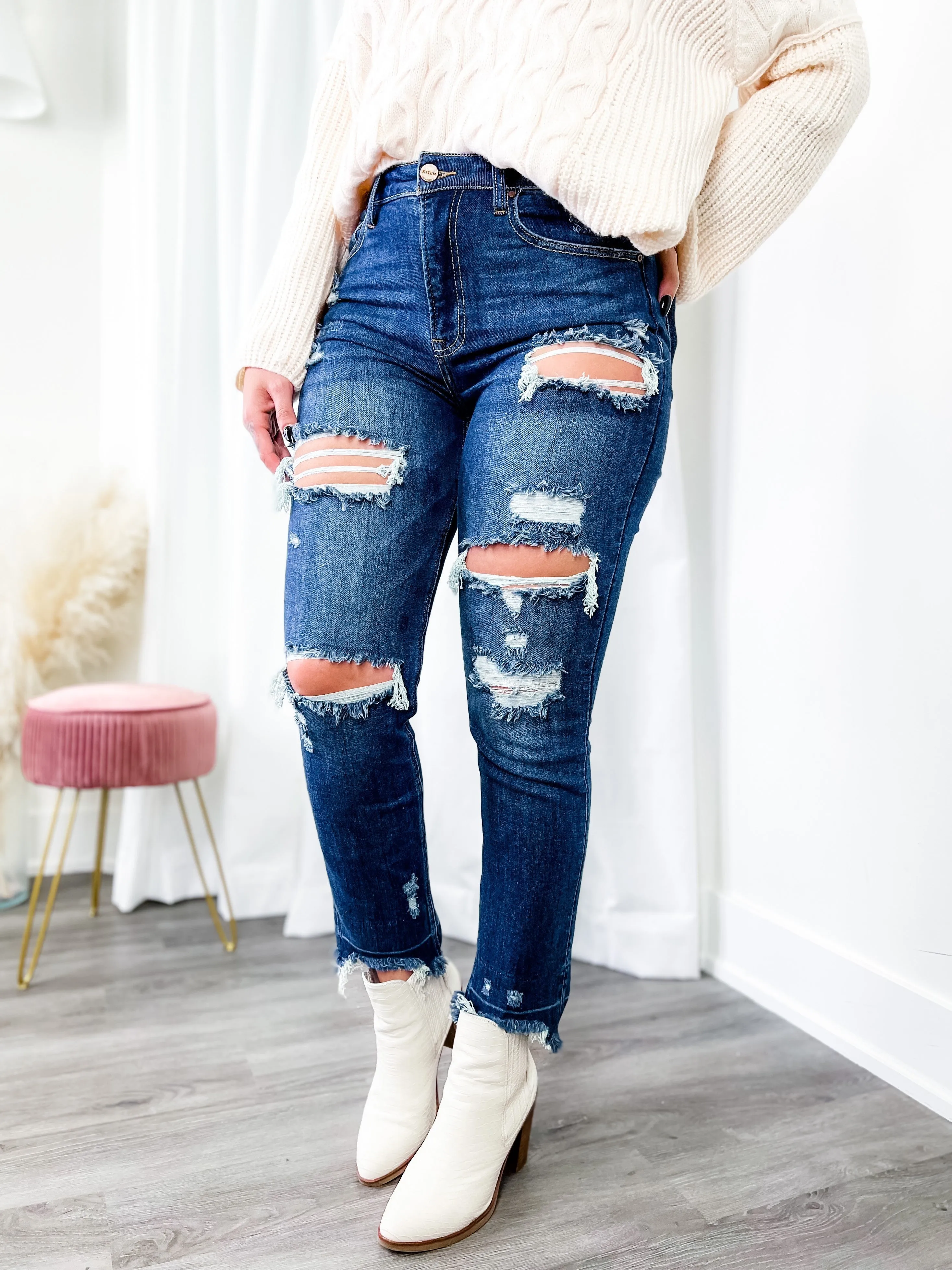 Risen Sexy Back Dark Wash Distressed Shadow Hem Straight Leg Jeans