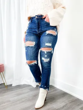 Risen Sexy Back Dark Wash Distressed Shadow Hem Straight Leg Jeans