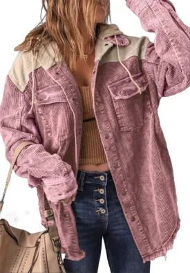 Ru Sweet Women's Corduroy Hooded Colorblock Long Sleeve Jacket Color Block Shirts Coat Outwear